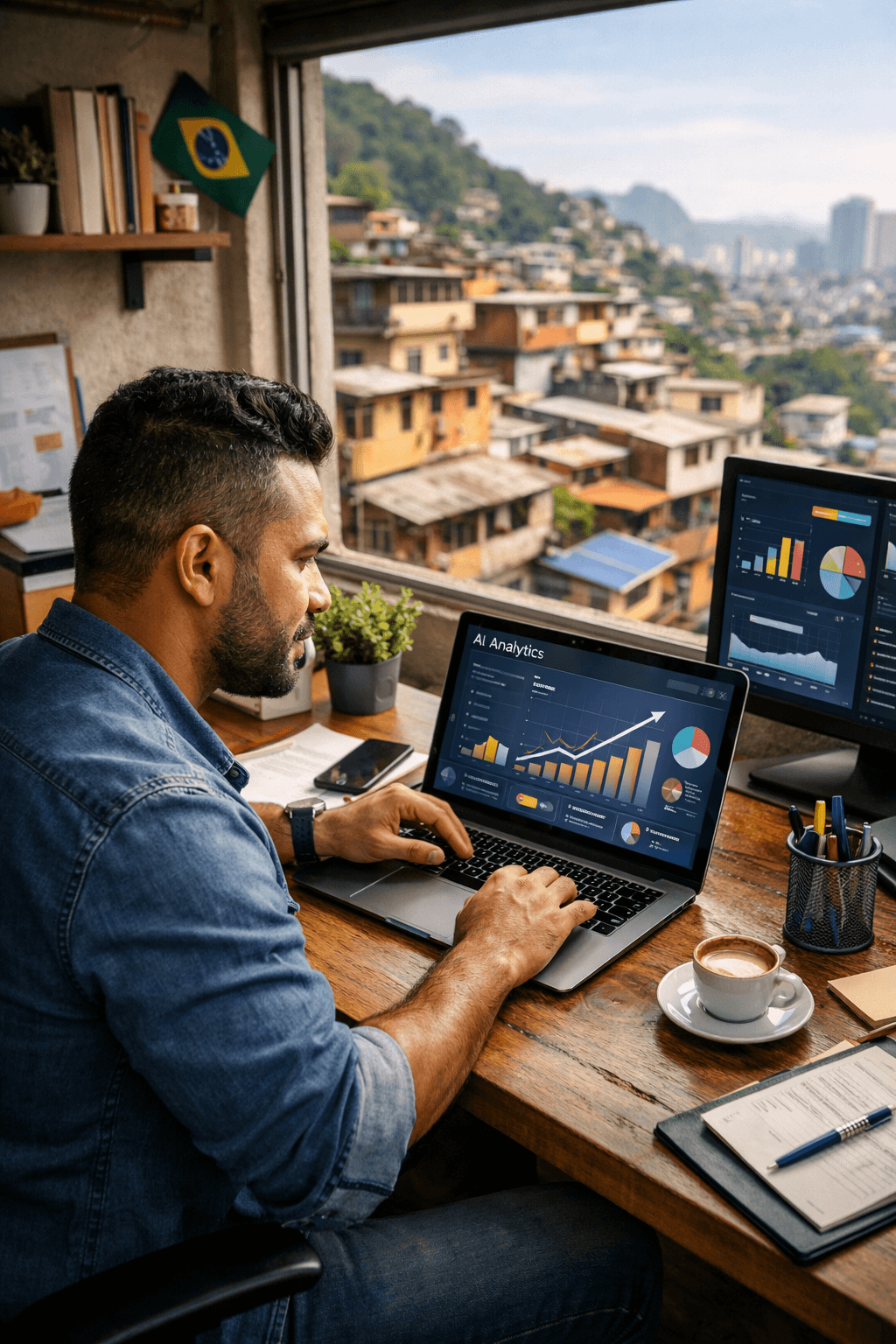 Empreendedor brasileiro usando ferramentas de IA para gestão do negócio