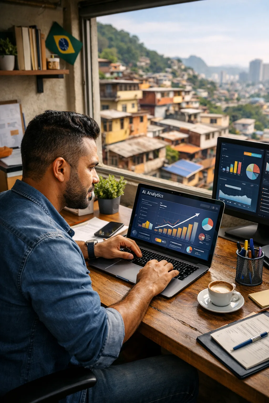 Empreendedor brasileiro usando ferramentas de IA para gestão do negócio