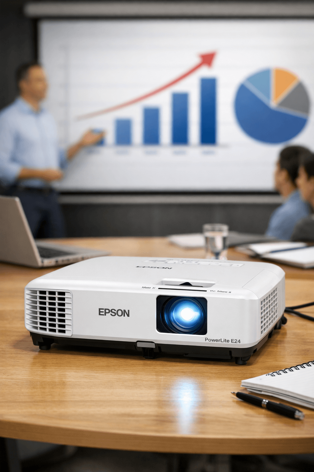 Projetor Epson PowerLite E24 sobre mesa em sala de apresentação