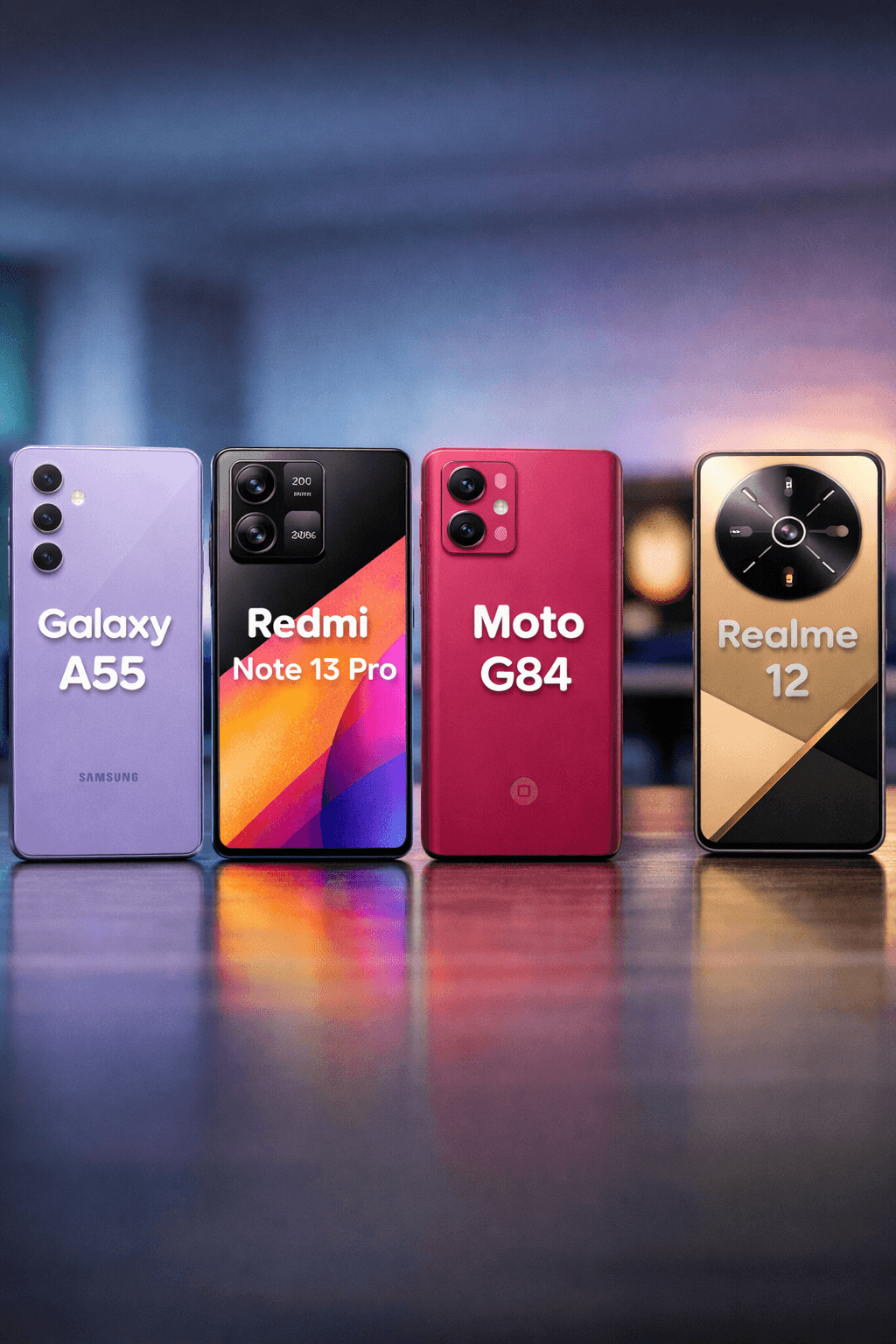 Comparativo de smartphones intermediários Galaxy A55, Redmi Note 13 Pro, Moto G84 e Realme 12 alinhados lado a lado sobre uma mesa, em ambiente desfocado ao fundo.