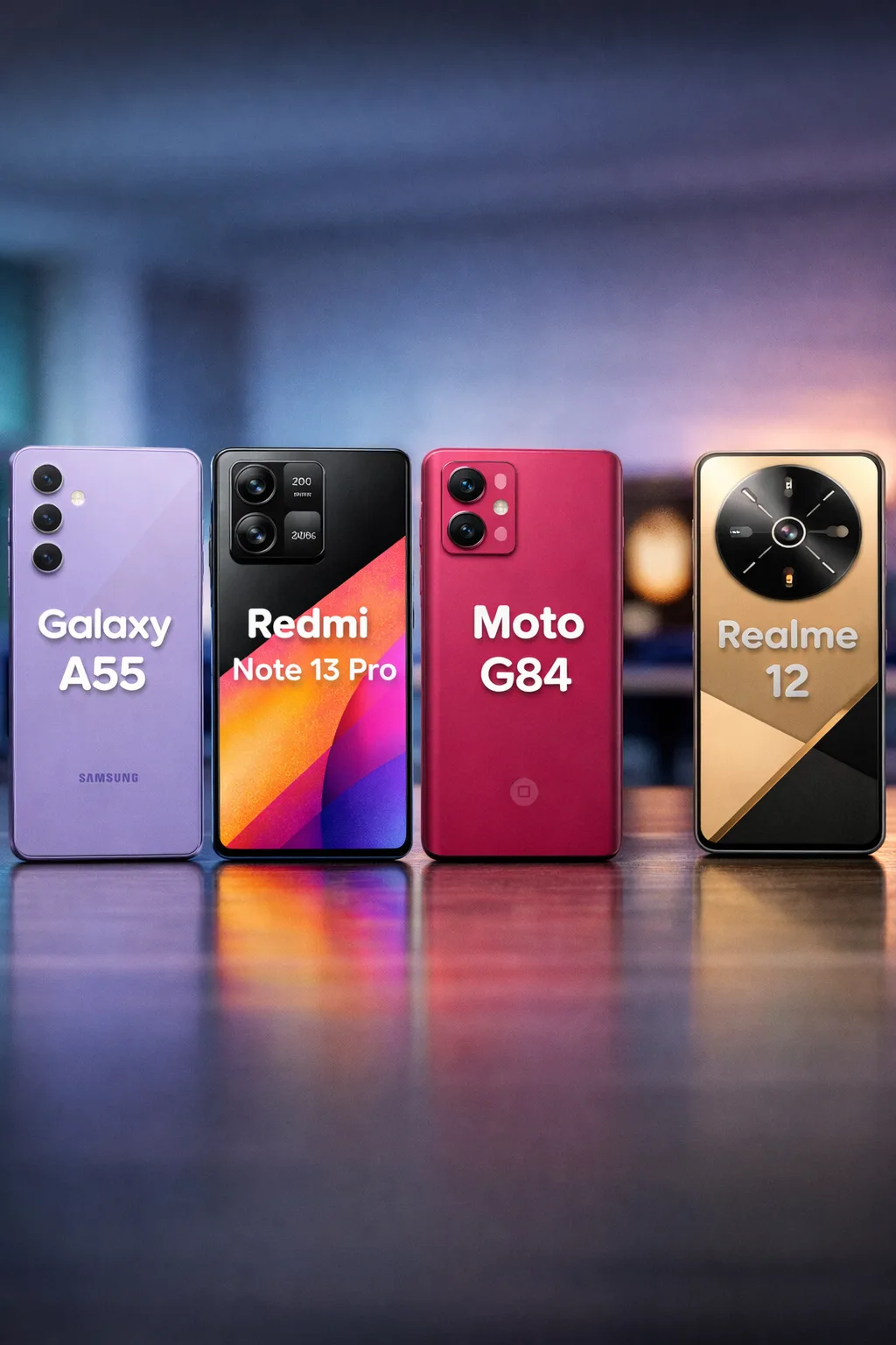 Comparativo de smartphones intermediários Galaxy A55, Redmi Note 13 Pro, Moto G84 e Realme 12 alinhados lado a lado sobre uma mesa, em ambiente desfocado ao fundo.