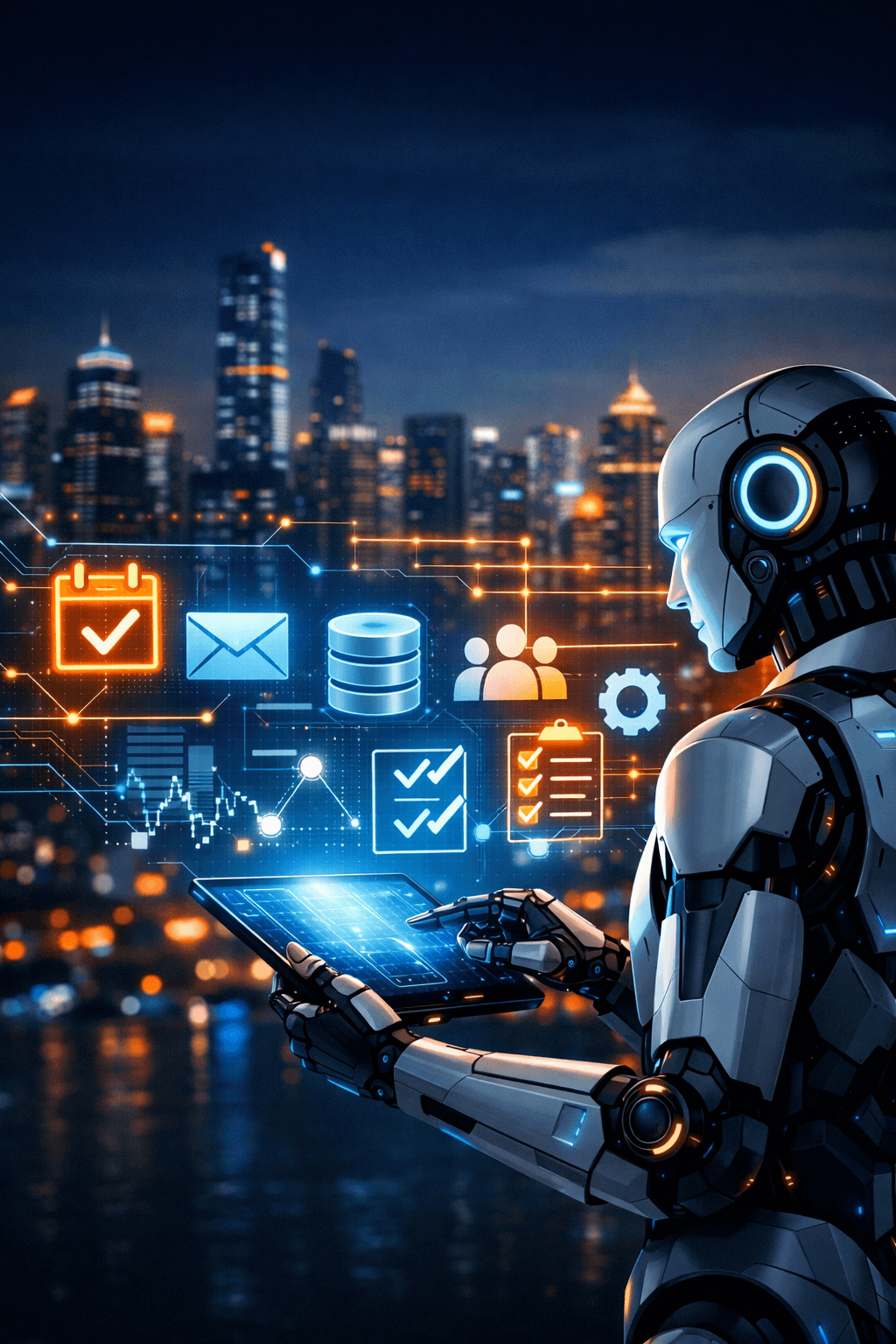 Robô futurista usando um tablet diante de uma cidade à noite, com ícones digitais de agenda, e‑mail, banco de dados e tarefas representando agentes de inteligência artificial automatizando trabalho.