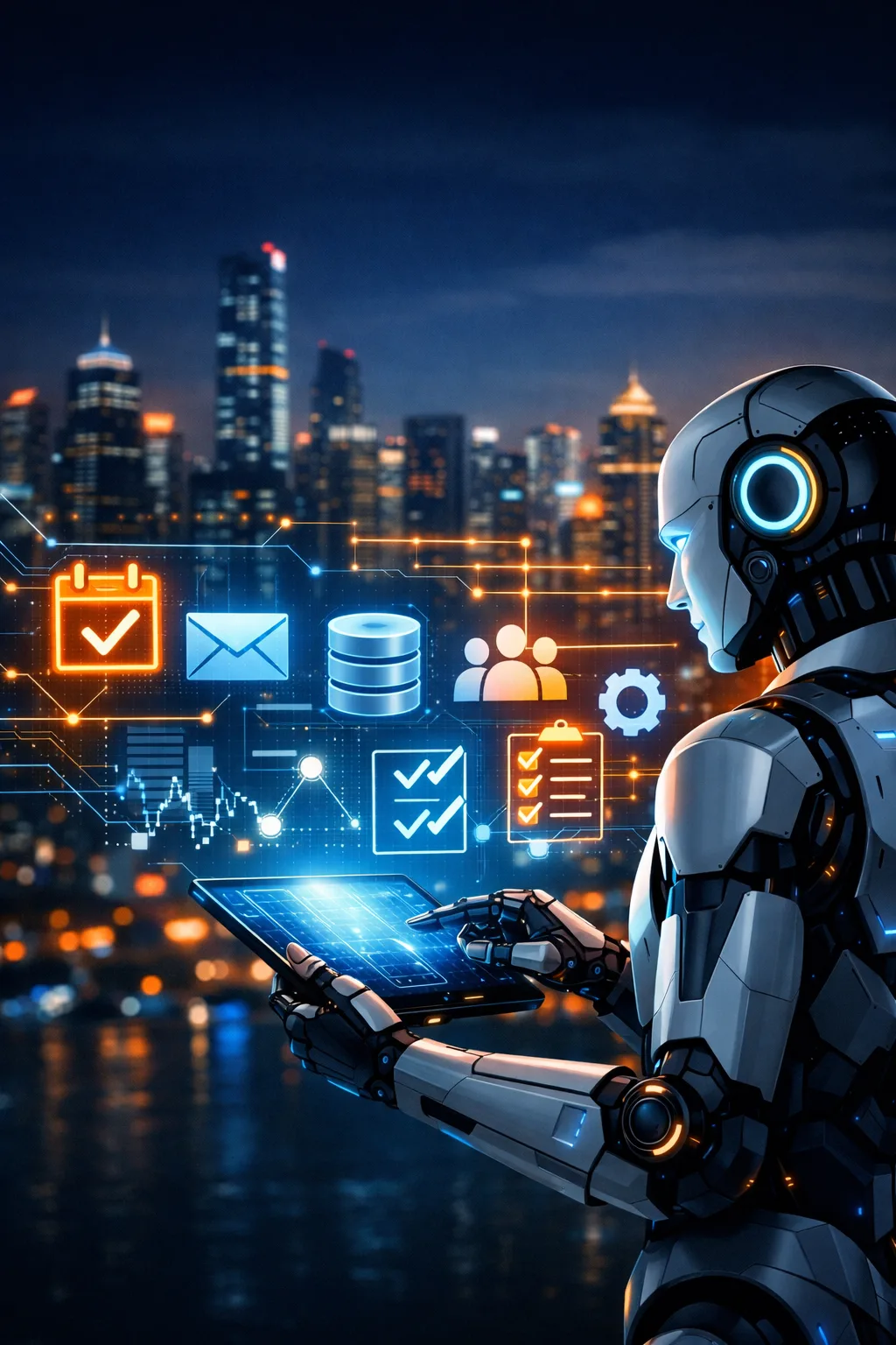 Robô futurista usando um tablet diante de uma cidade à noite, com ícones digitais de agenda, e‑mail, banco de dados e tarefas representando agentes de inteligência artificial automatizando trabalho.