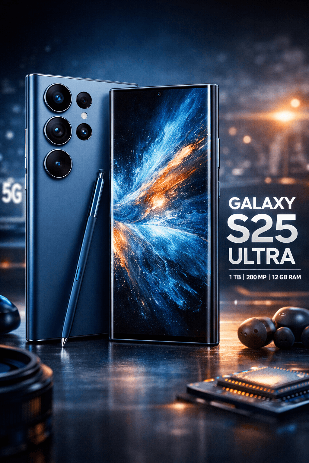 Smartphone Samsung Galaxy S25 Ultra 5G azul com S Pen apoiada na traseira, exibindo tela com wallpaper espacial, módulo de câmeras quádruplo e destaque para 1 TB, câmera 200 MP e 12 GB de RAM sobre fundo tecnológico.