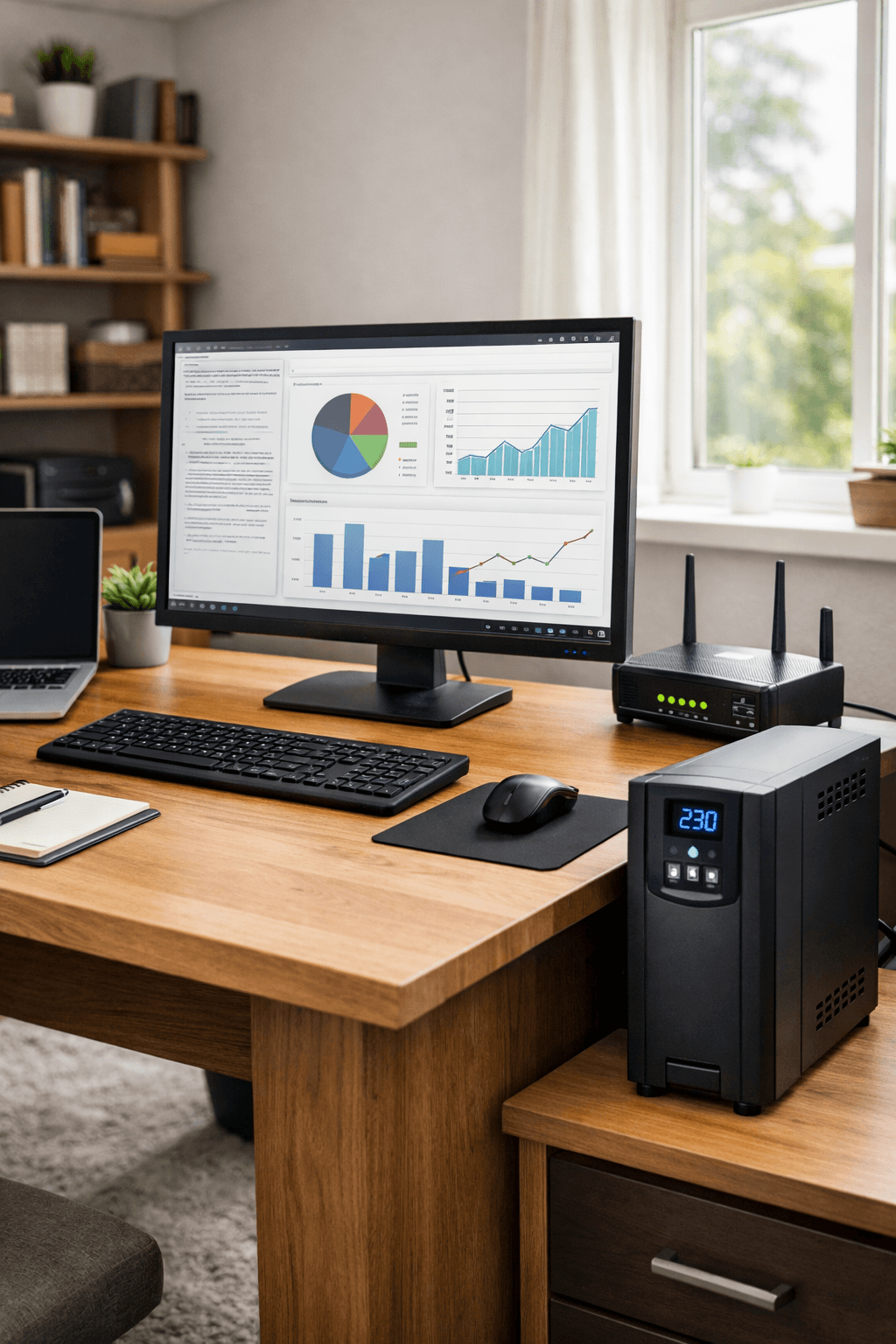 Home office moderno com computador, roteador Wi‑Fi e nobreak ao lado da mesa, ilustrando o uso de nobreak para proteger equipamentos de trabalho remoto.