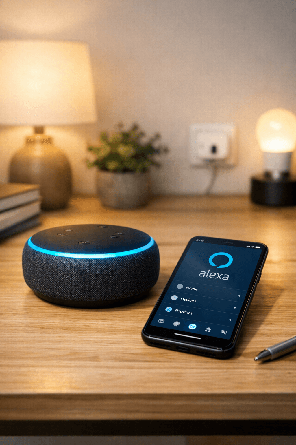Dispositivo Echo com Alexa sobre uma mesa ao lado de um smartphone com o app Alexa, em um home office moderno, ilustrando o uso da Alexa para iniciantes.