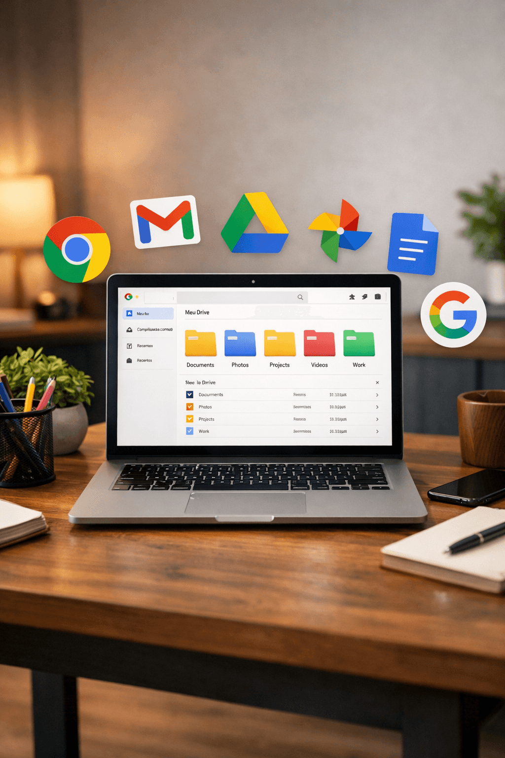 Tela do Google Drive aberta em um notebook em home office moderno, com pastas organizadas, ilustrando guia de Google Drive para iniciantes em 2026.