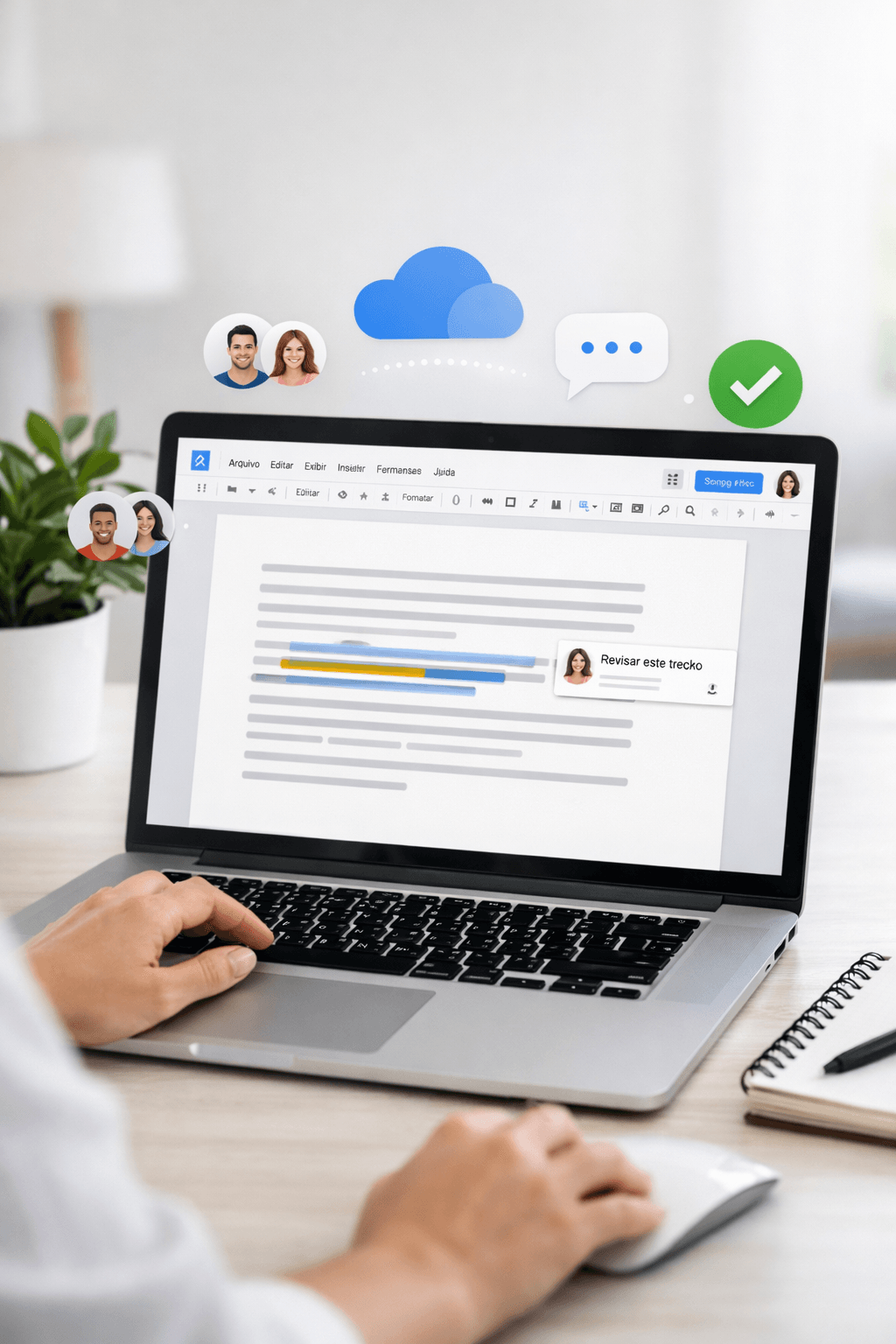 Ilustração de uma pessoa usando o Google Docs para editar um documento de texto online no computador