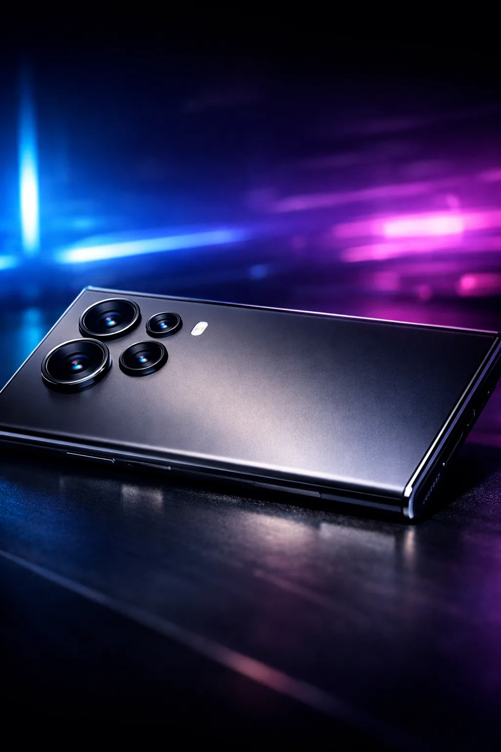 Ilustração em modo paisagem de um smartphone Motorola premium com luzes em azul e roxo, representando os recursos de Moto AI.