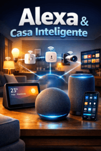 Smart speaker Echo com luz azul acesa sobre móvel em sala moderna, representando a Alexa controlando uma casa inteligente.
