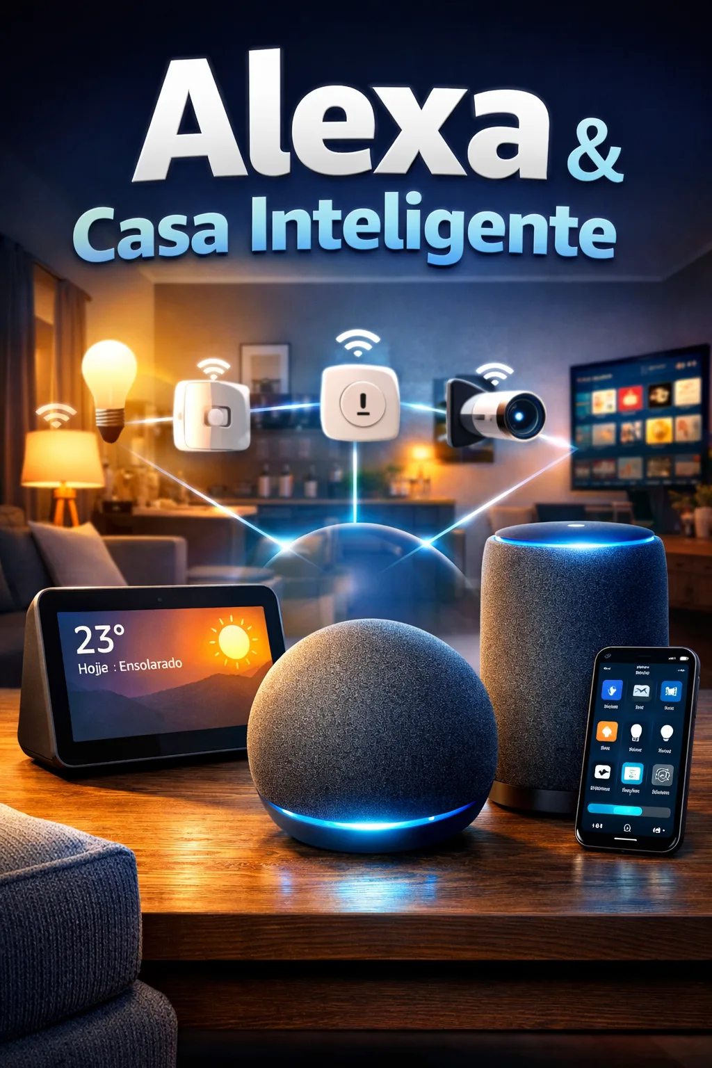 Smart speaker Echo com luz azul acesa sobre móvel em sala moderna, representando a Alexa controlando uma casa inteligente.