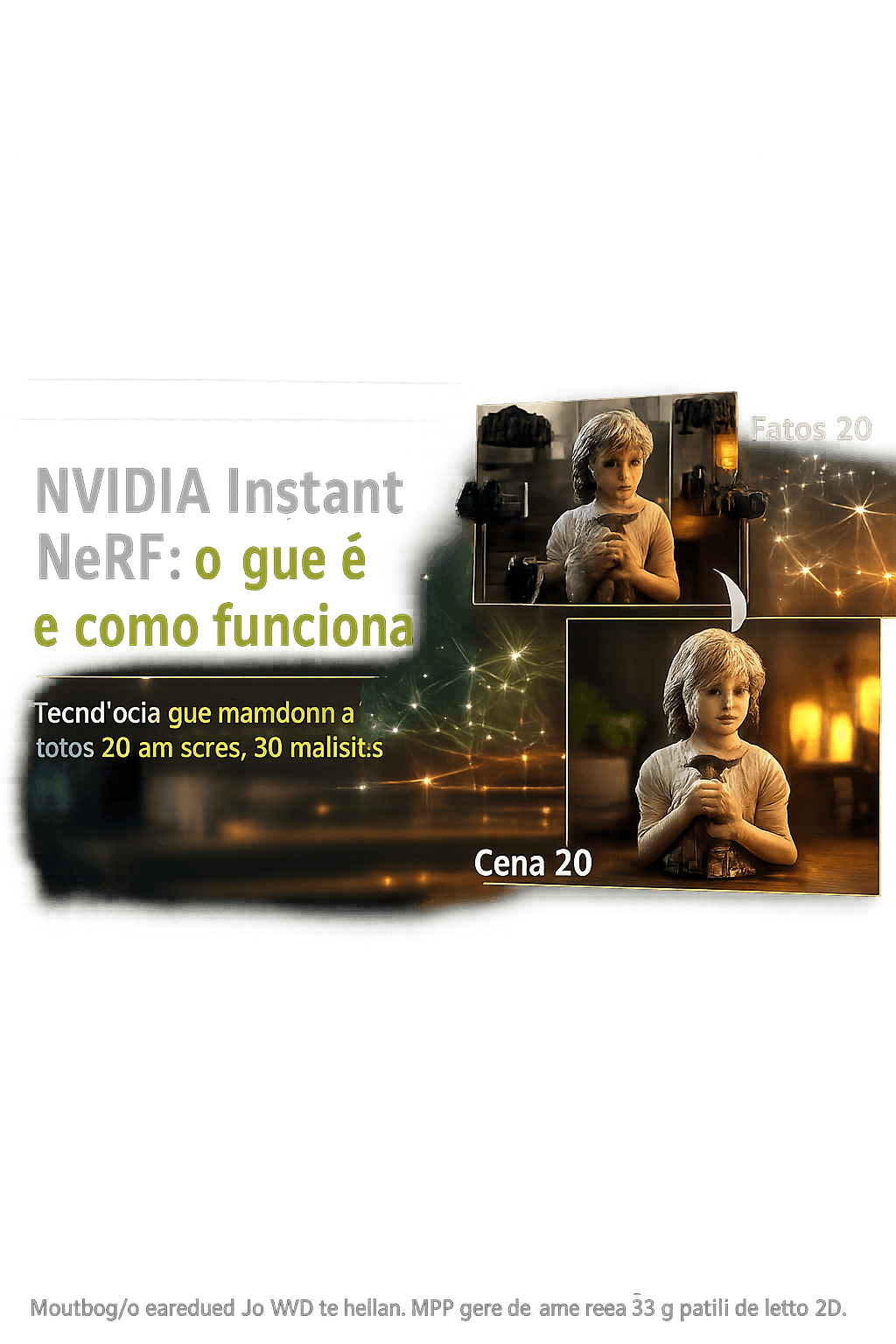 Visualização conceitual do NVIDIA Instant NeRF reconstruindo uma cena 3D com inteligência artificial a partir de fotos 2D.