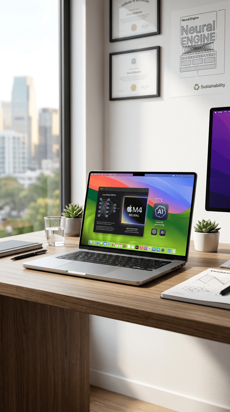 MacBook Neo em ambiente tecnológico moderno, com tela Liquid Retina XDR acesa e reflexos roxos e azuis — imagem de review do Lumen Kosmos