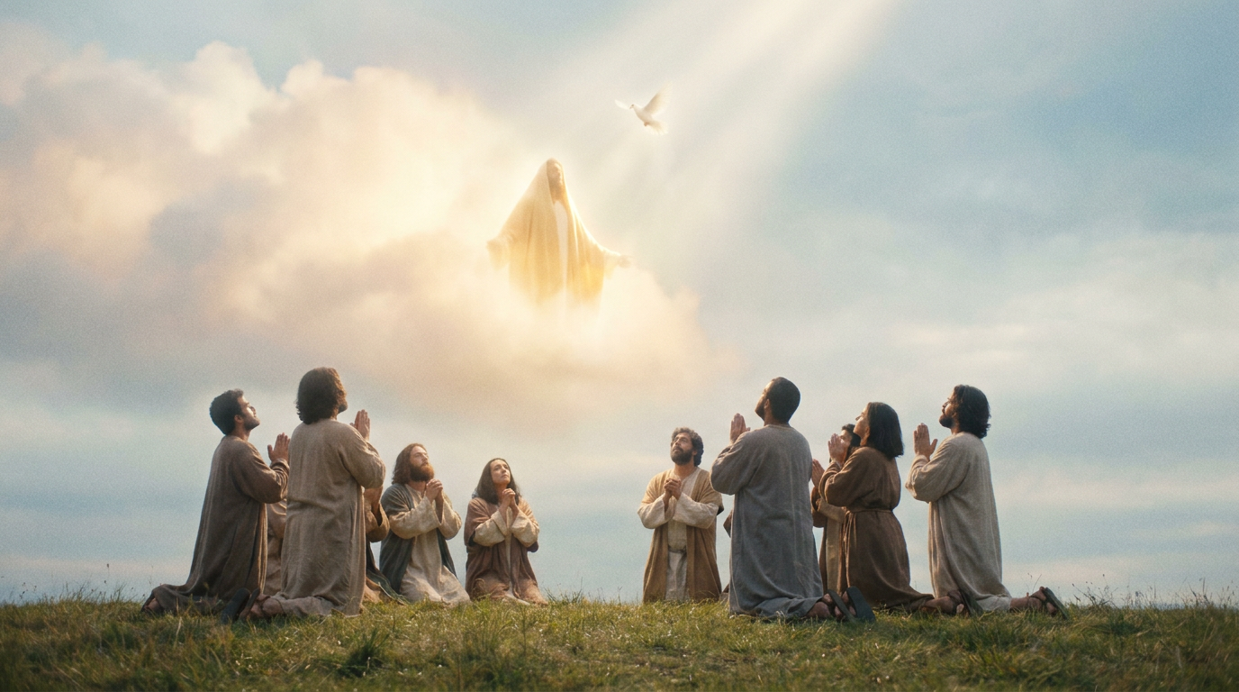 Cristo ascendendo ao céu em luz dourada, enquanto uma pomba branca simboliza o Espírito Santo sobre os discípulos em oração.