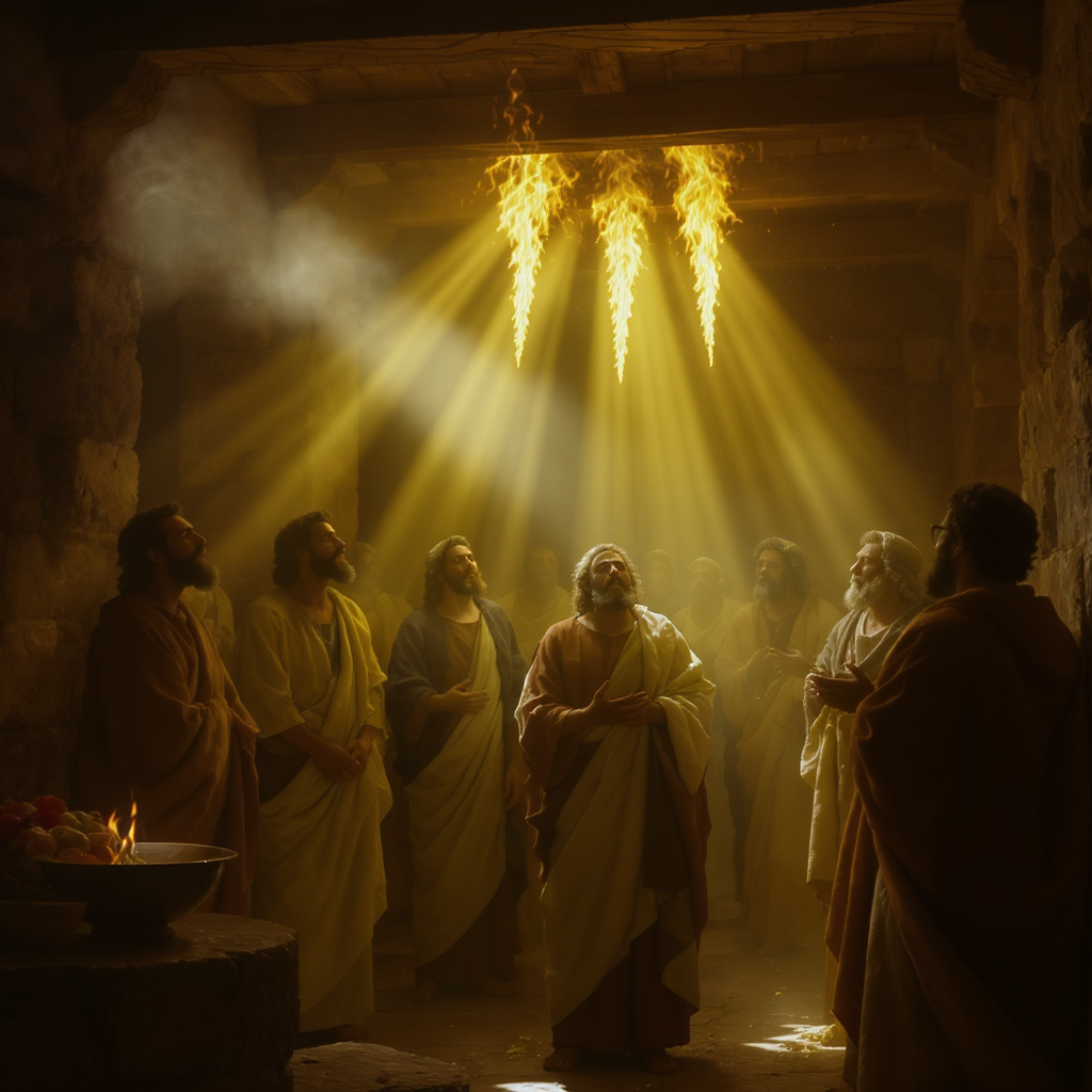Cena realista de Pentecostes com os discípulos reunidos em Jerusalém, envolvidos por luz dourada e línguas de fogo, representando o derramamento do Espírito Santo após a ascensão de Cristo.