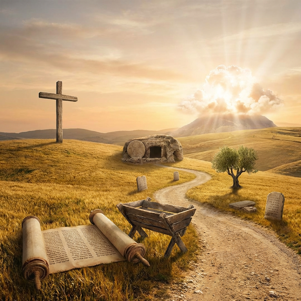 Ilustração da vida e obra de Jesus Cristo segundo a Bíblia, figura nas costas caminhando para a luz com cruz ao fundo