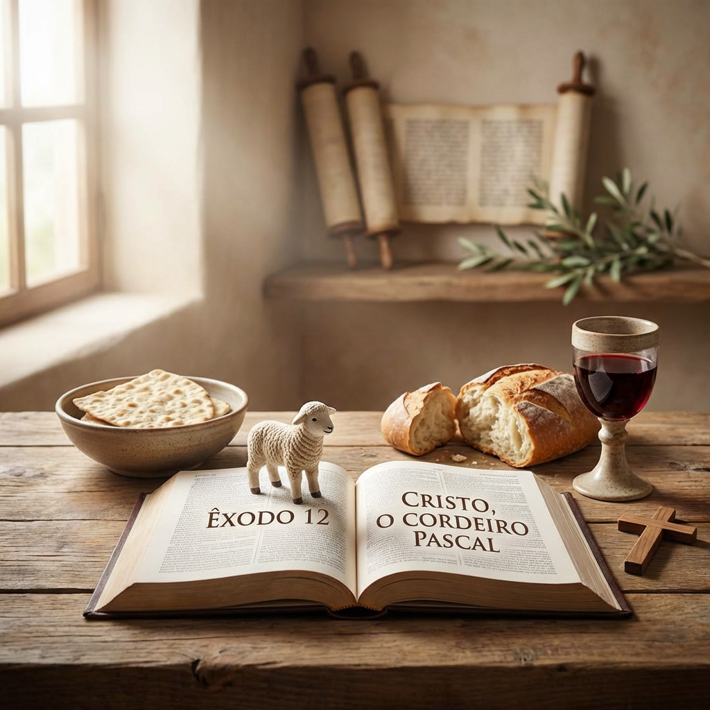 Ilustração da Páscoa na Bíblia, mostrando o cordeiro pascal, portas marcadas com sangue no Êxodo e a cruz de Cristo ao fundo.