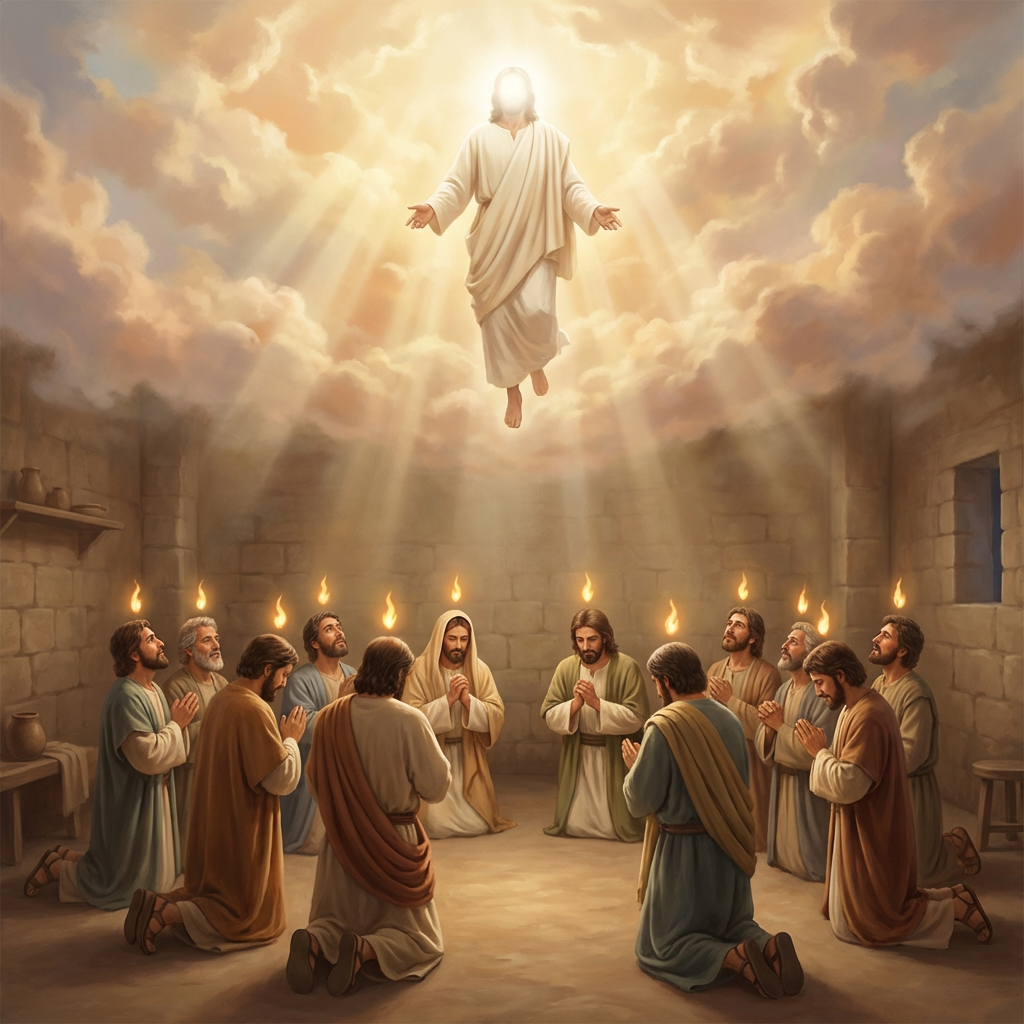 Ilustração da ascensão de Cristo e da descida do Espírito Santo, com Jesus exaltado nos céus e os discípulos recebendo línguas de fogo em Pentecostes.