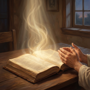 Ilustração de uma Bíblia aberta com luz suave simbolizando a obra do Espírito Santo na vida do crente