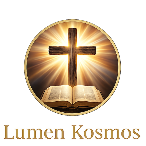 Logotipo do site Lumen Kosmos com cruz dourada sobre uma Bíblia aberta em círculo iluminado.