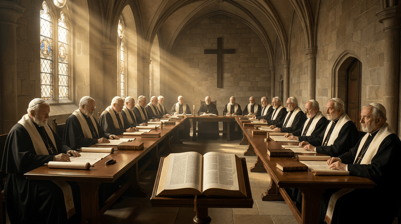 Bispos e líderes cristãos reunidos em concílio solene, com Bíblia aberta e pergaminhos sobre a mesa, simbolizando a definição da fé cristã ao longo da história.