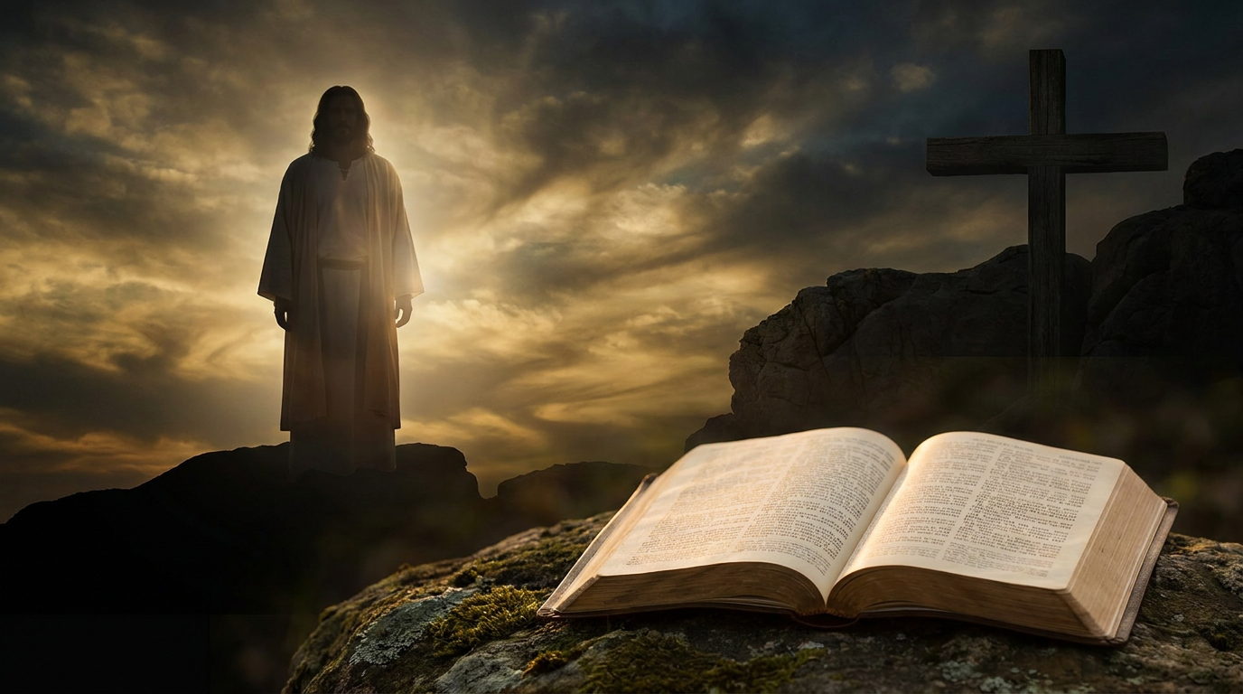 Imagem simbólica de Jesus Cristo em ambiente celestial, com luz dourada ao fundo, cruz discreta e Bíblia aberta em primeiro plano, representando sua identidade divina e a centralidade da fé cristã.
