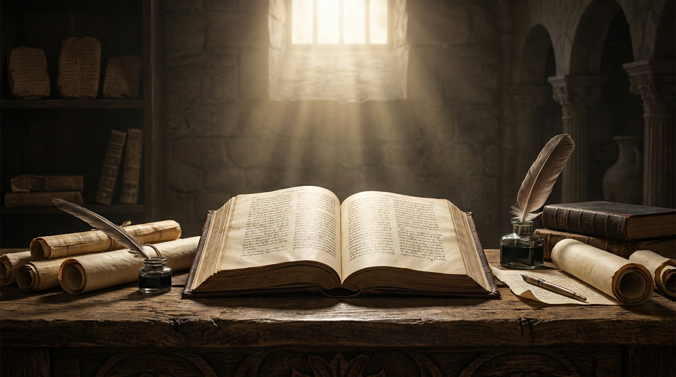 Bíblia aberta sobre uma mesa antiga, cercada por pergaminhos, manuscritos e penas de escrita, com luz dourada ao fundo, representando a autoria humana e a inspiração divina das Escrituras.