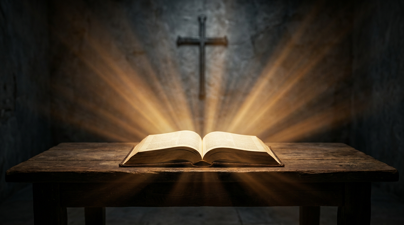 Bíblia aberta iluminada por luz dourada, simbolizando o amor de Deus revelado nas Escrituras.