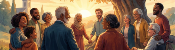 Desenho realista de um grupo diverso de pessoas, de diferentes idades e etnias, de mãos dadas em círculo, simbolizando união e comunhão. Ao fundo, um pôr do sol, uma igreja com torre e uma grande árvore, com a frase 'UNITED IN FAITH & FELLOWSHIP' na parte inferior.