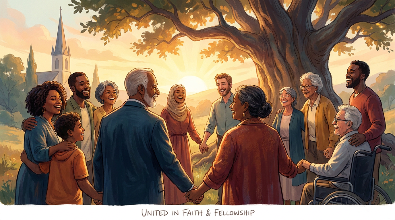 Desenho realista de um grupo diverso de pessoas, de diferentes idades e etnias, de mãos dadas em círculo, simbolizando união e comunhão. Ao fundo, um pôr do sol, uma igreja com torre e uma grande árvore, com a frase 'UNITED IN FAITH & FELLOWSHIP' na parte inferior.