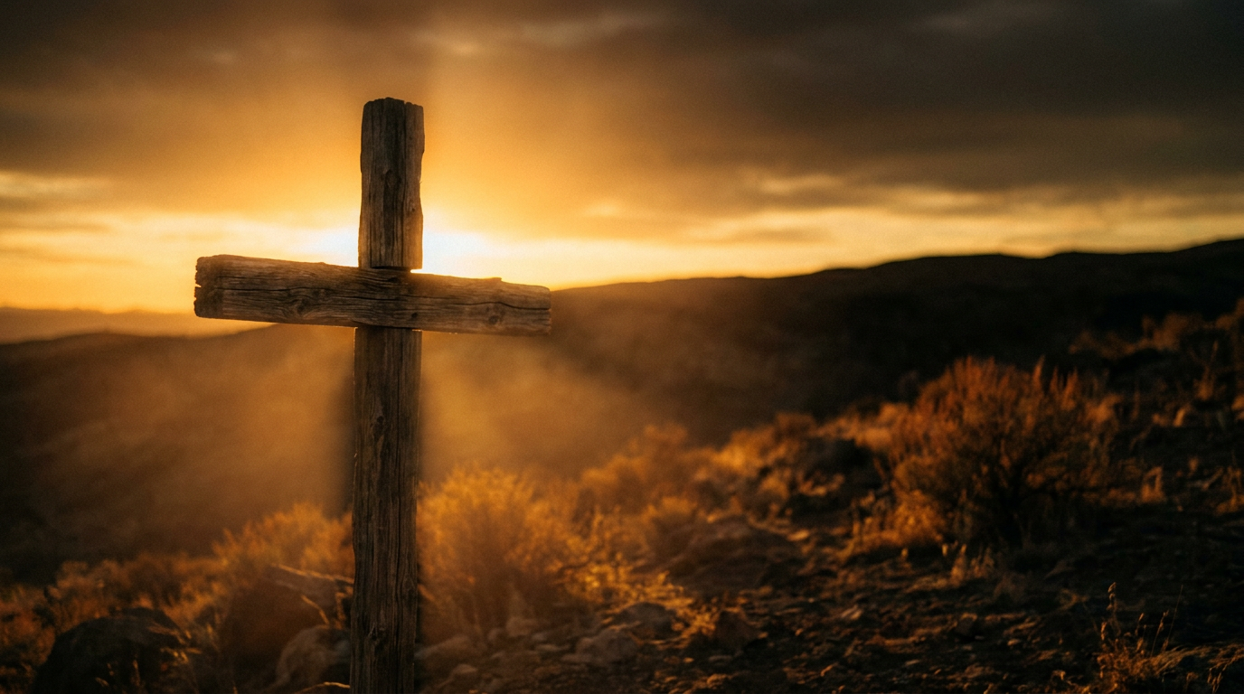 Cruz de madeira rústica em um topo de colina árido, com um pôr do sol dourado e dramático ao fundo, raios de luz emanando e criando um contorno poderoso. A cena evoca sacrifício, redenção e esperança, com tons de dourado, marrom e preto.