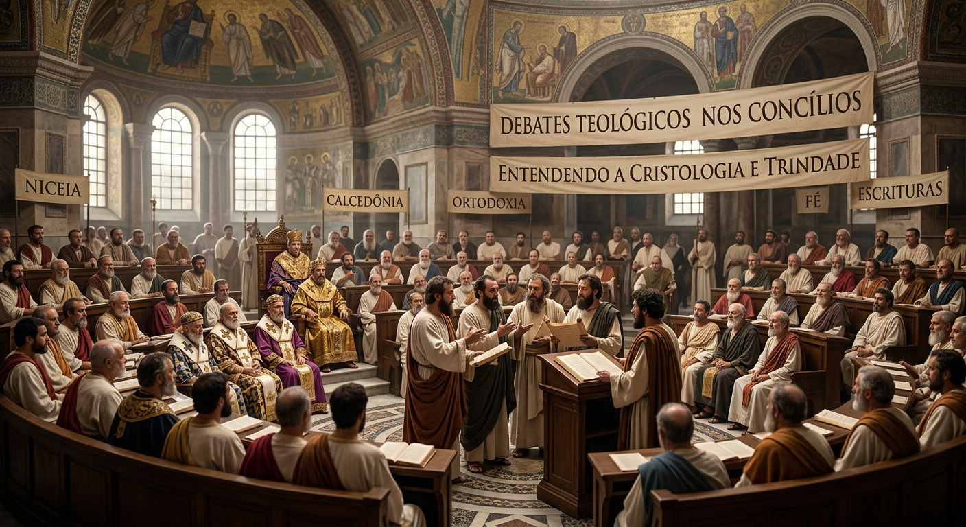 Pergaminhos e livros antigos iluminados por uma luz dourada que emana de uma catedral ao fundo, simbolizando os debates teológicos nos concílios que moldaram a Cristologia e a Trindade na história da Igreja.