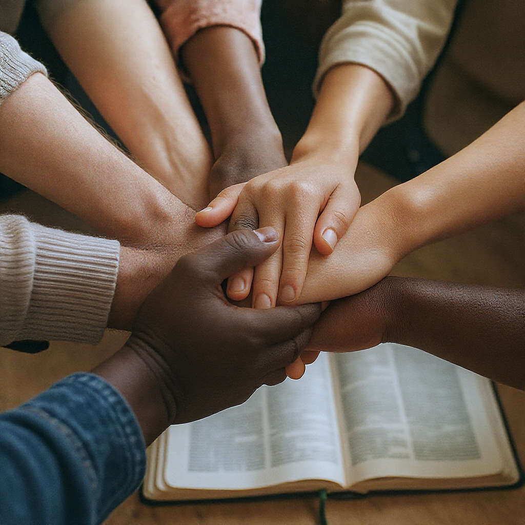 Pessoas de diferentes etnias estudando a Bíblia juntas, com luz dourada simbolizando a integração da fé e da vida prática.