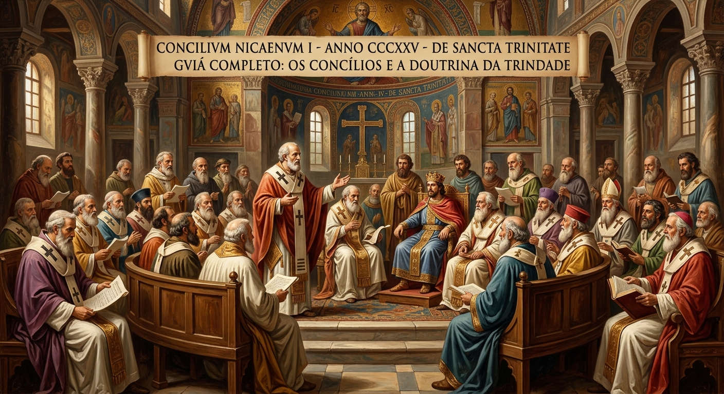 Representação artística do Primeiro Concílio de Niceia, com bispos e líderes eclesiásticos reunidos em um salão ornamentado, discutindo a doutrina da Trindade, com um banner no topo indicando 'Concilium Nicaenum I - Anno CCCXXV - De Sancta Trinitate'.