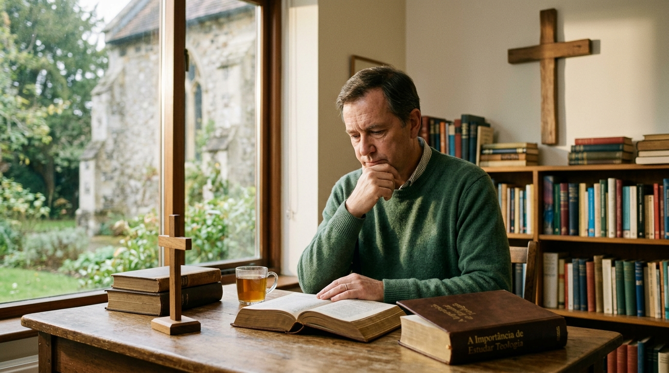 Pessoa em reflexão profunda, com um livro aberto e uma cruz ao fundo, em um ambiente sereno e iluminado, simbolizando o estudo teológico e a busca por discernimento espiritual.