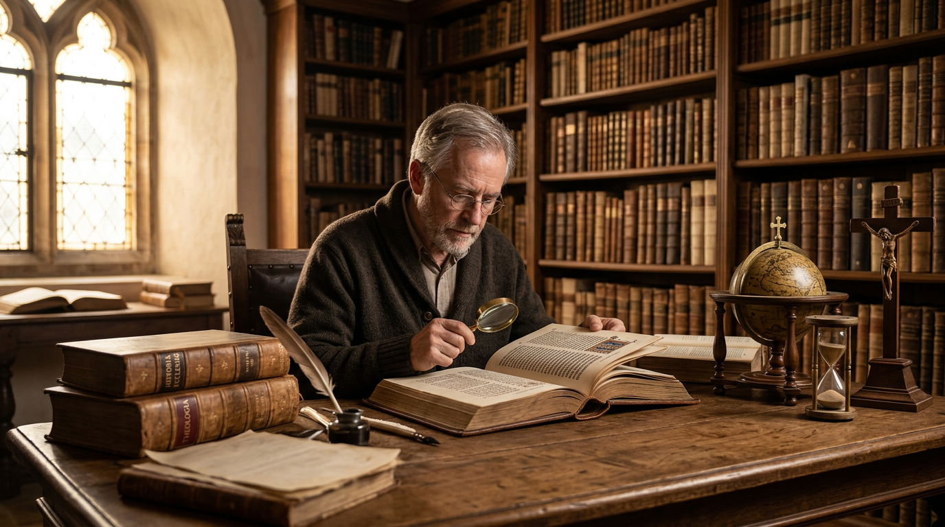 Homem idoso com lupa estudando um livro antigo em uma biblioteca, cercado por estantes de livros e objetos históricos, simbolizando a pesquisa em Teologia Histórica.