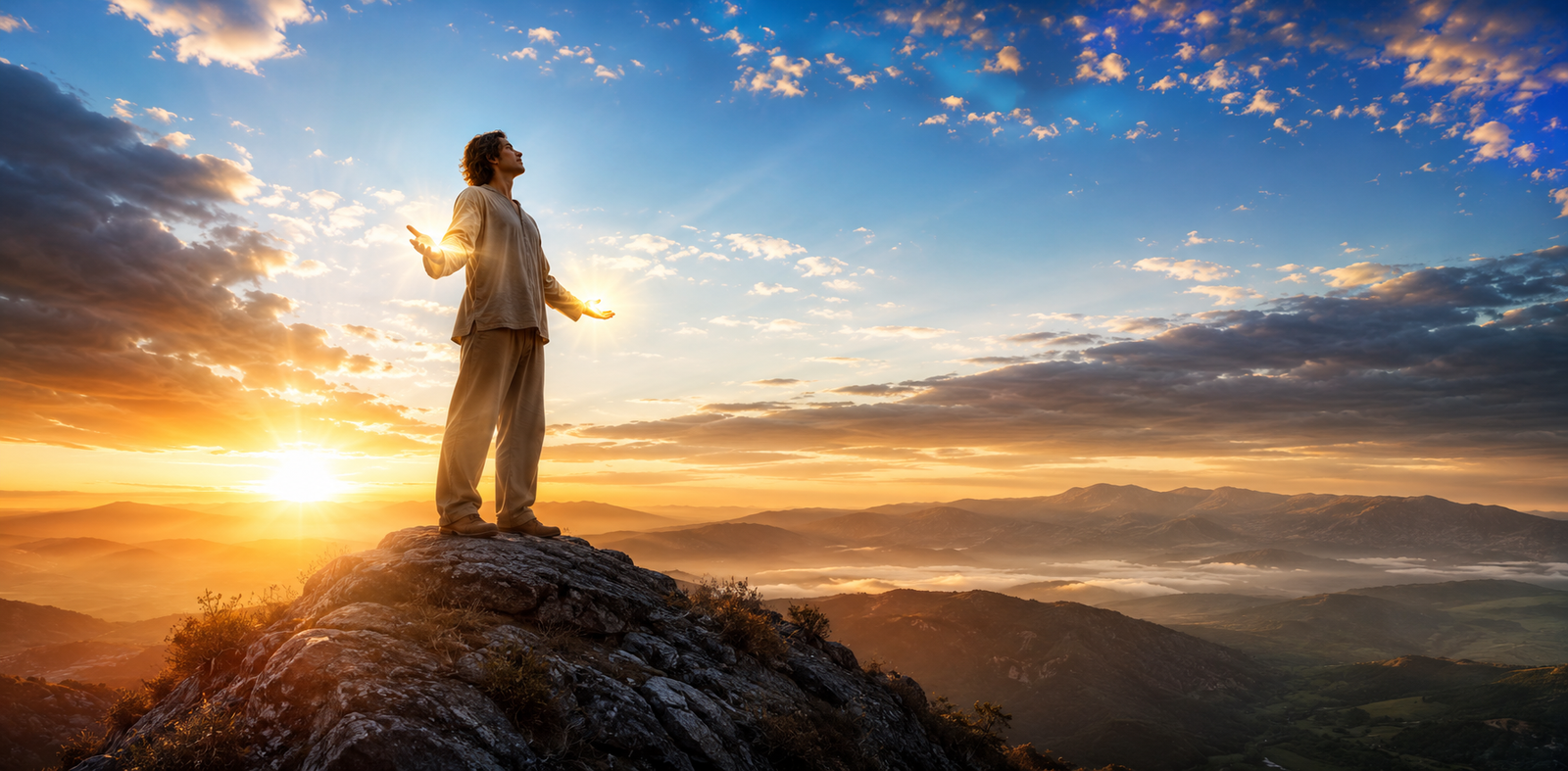 Pessoa em postura de autoridade e oração, com luz divina emanando de suas mãos ou de uma Bíblia aberta, em um ambiente de culto moderno, simbolizando a autoridade espiritual do crente.