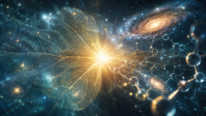 Imagem conceitual que une o cosmos e a natureza microscópica, com luz dourada central, simbolizando a existência de Deus através da ordem e design inteligente na criação,.