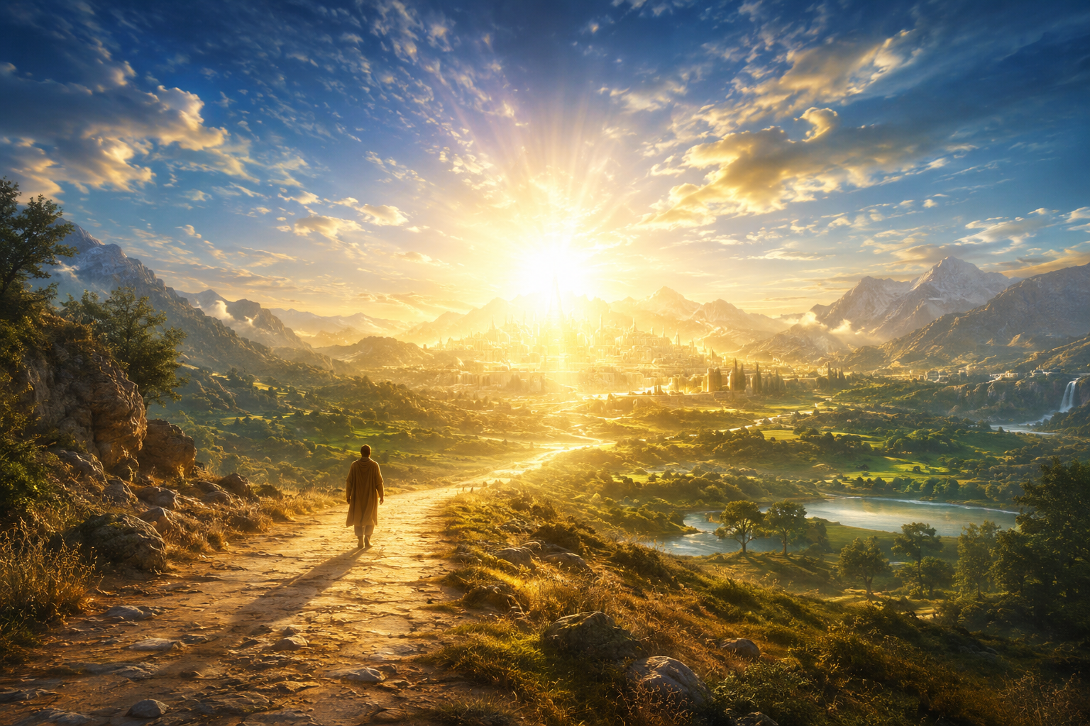 Ilustração horizontal realista-sutil de um caminho iluminado que leva a uma nova criação no horizonte, com luz divina e cores quentes, simbolizando esperança e restauração escatológica.