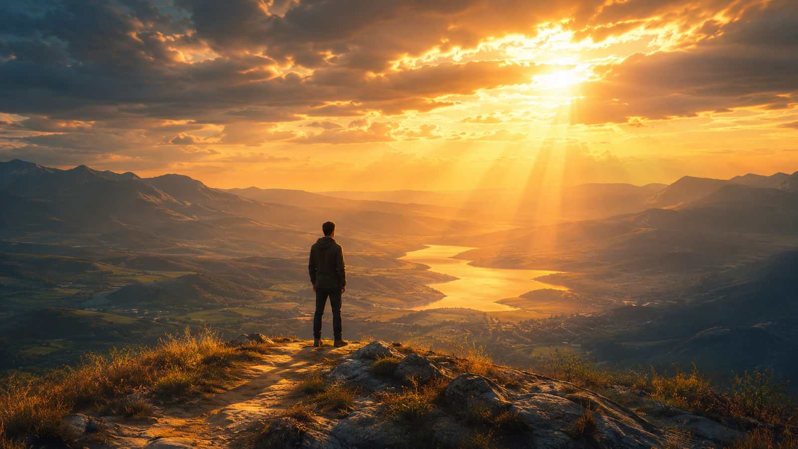 Ilustração horizontal realista-sutil de uma figura em contemplação em um caminho iluminado por luz divina, simbolizando a busca pelo propósito da vida em uma paisagem serena de tons quentes.