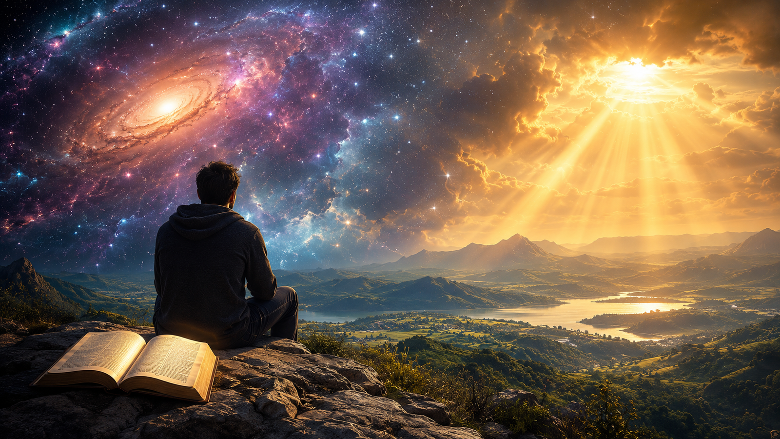 Pessoa contempla um horizonte onde uma galáxia e raios de luz dourados se unem sobre uma paisagem serena, com um livro aberto em primeiro plano, simbolizando a harmonia entre ciência e fé.
