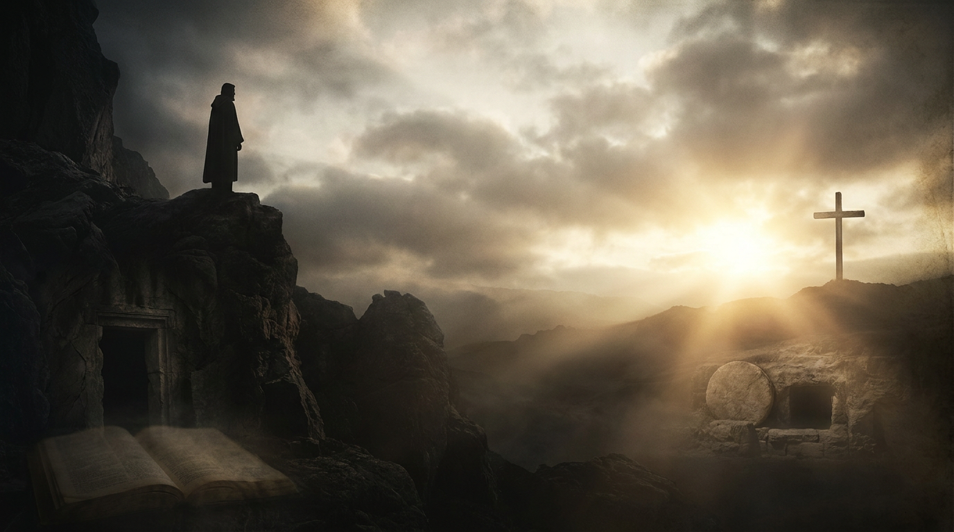 Silhueta de uma pessoa diante de uma cruz ao amanhecer, com luz ao horizonte simbolizando esperança, ressurreição e vida eterna.