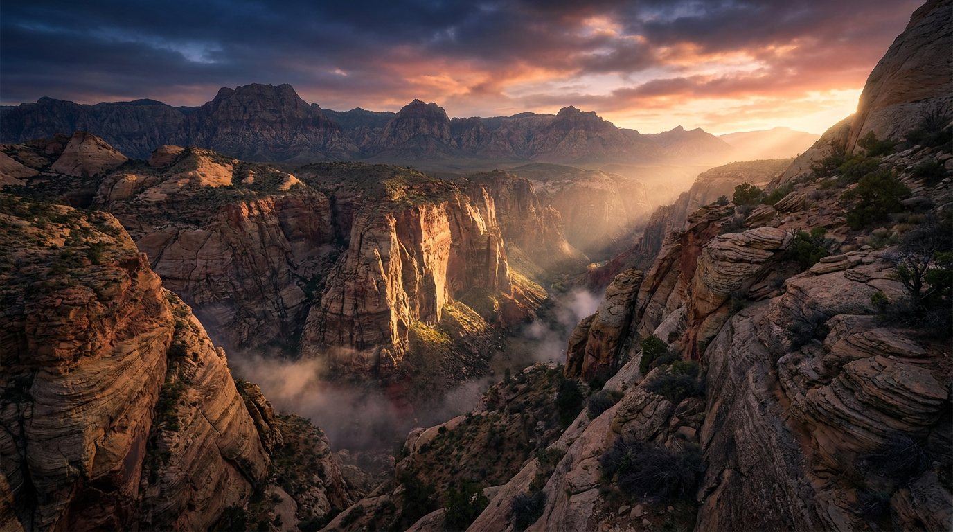 Fotografia ultra-realista de um cânion rochoso ao amanhecer, com raios de sol dourados atravessando as nuvens e um feixe de luz celestial iluminando sutilmente a paisagem, transmitindo a presença divina na criação.
