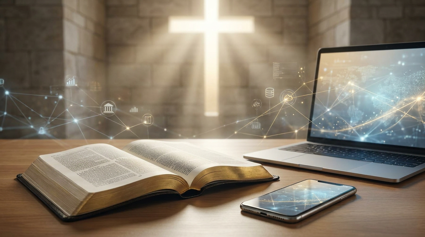 Bíblia aberta ao lado de notebook e smartphone, simbolizando a ética cristã na era digital e o uso responsável da tecnologia pelo crente.