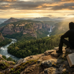 Uma pessoa sentada em um penhasco rochoso, com um livro aberto ao lado, contemplando um vasto vale com rio, montanhas e floresta sob a luz dourada do pôr do sol.