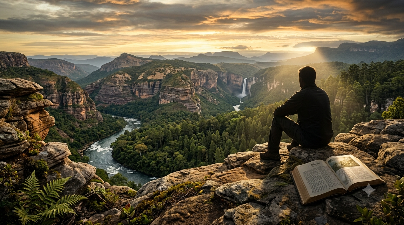 Uma pessoa sentada em um penhasco rochoso, com um livro aberto ao lado, contemplando um vasto vale com rio, montanhas e floresta sob a luz dourada do pôr do sol.