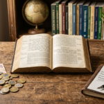 Mãos de diferentes gerações segurando uma Bíblia aberta com uma moeda de ouro, simbolizando a mordomia cristã das finanças, com luz dourada e fundo suave.