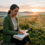 Pessoa em profunda contemplação ou oração, com as mãos abertas em atitude de escuta, em um ambiente natural tranquilo, simbolizando a busca por ouvir a voz de Deus.