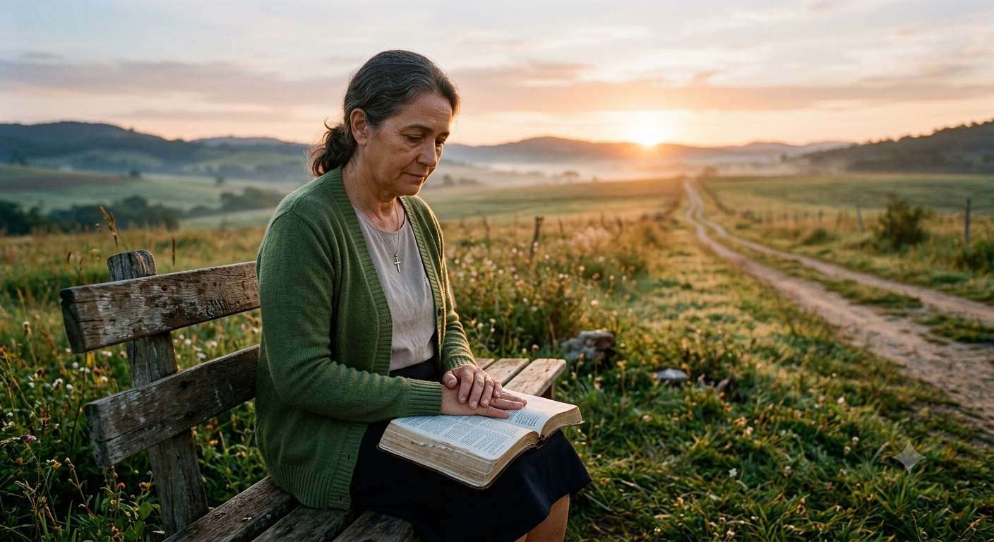 Pessoa em profunda contemplação ou oração, com as mãos abertas em atitude de escuta, em um ambiente natural tranquilo, simbolizando a busca por ouvir a voz de Deus.