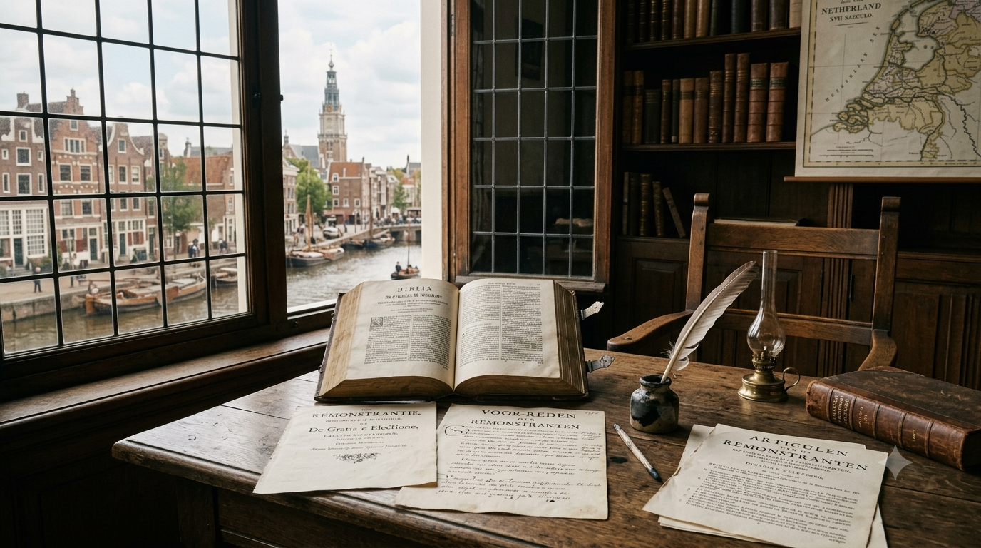 Mesa de estudo histórica com Bíblia aberta, manuscritos e documentos teológicos em um ambiente holandês do século XVII, representando a reflexão sobre o arminianismo, a graça e a eleição.